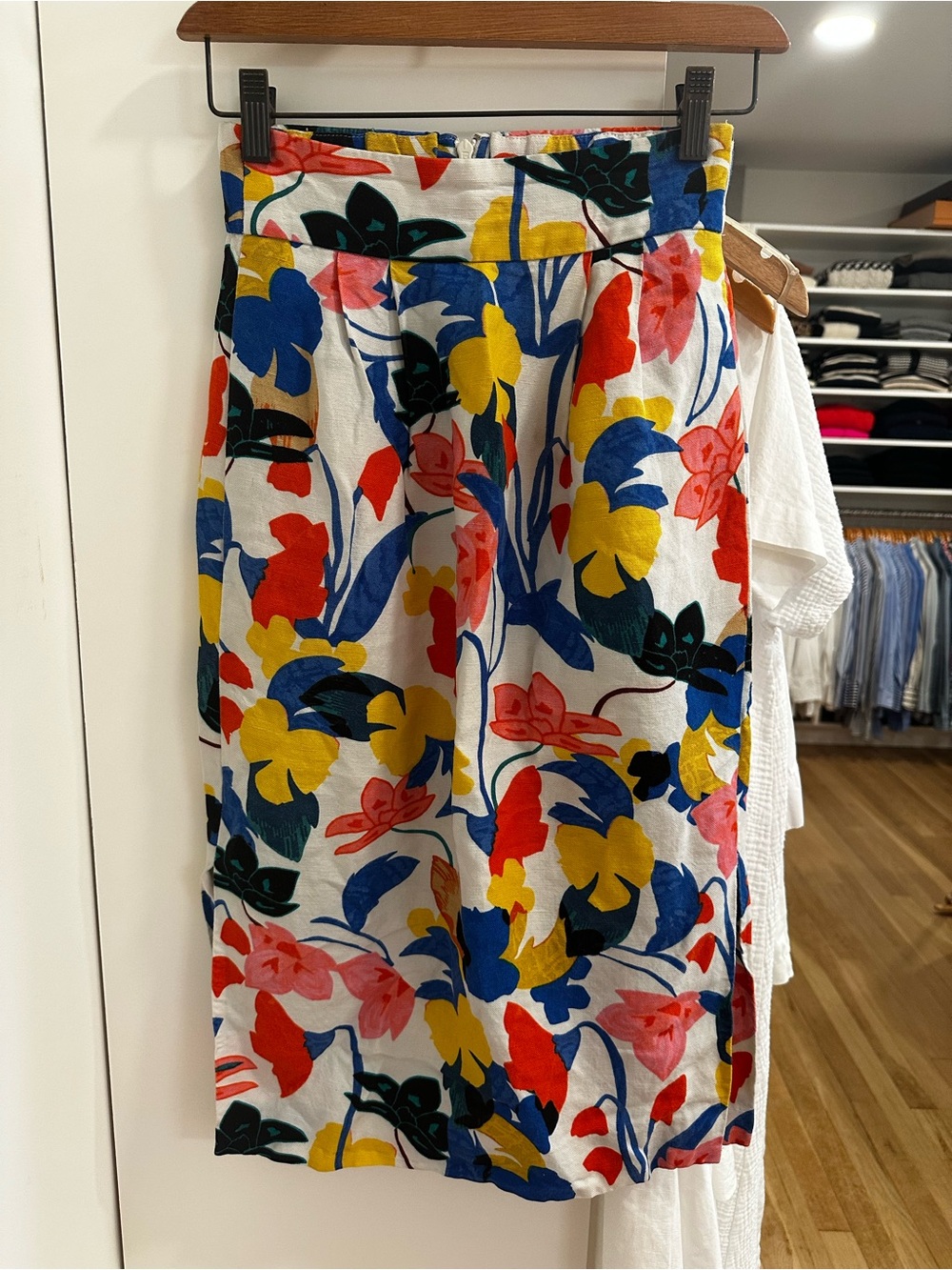 J. Crew White Floral Midi Skirt with Red, Blue & Yellow Blooms